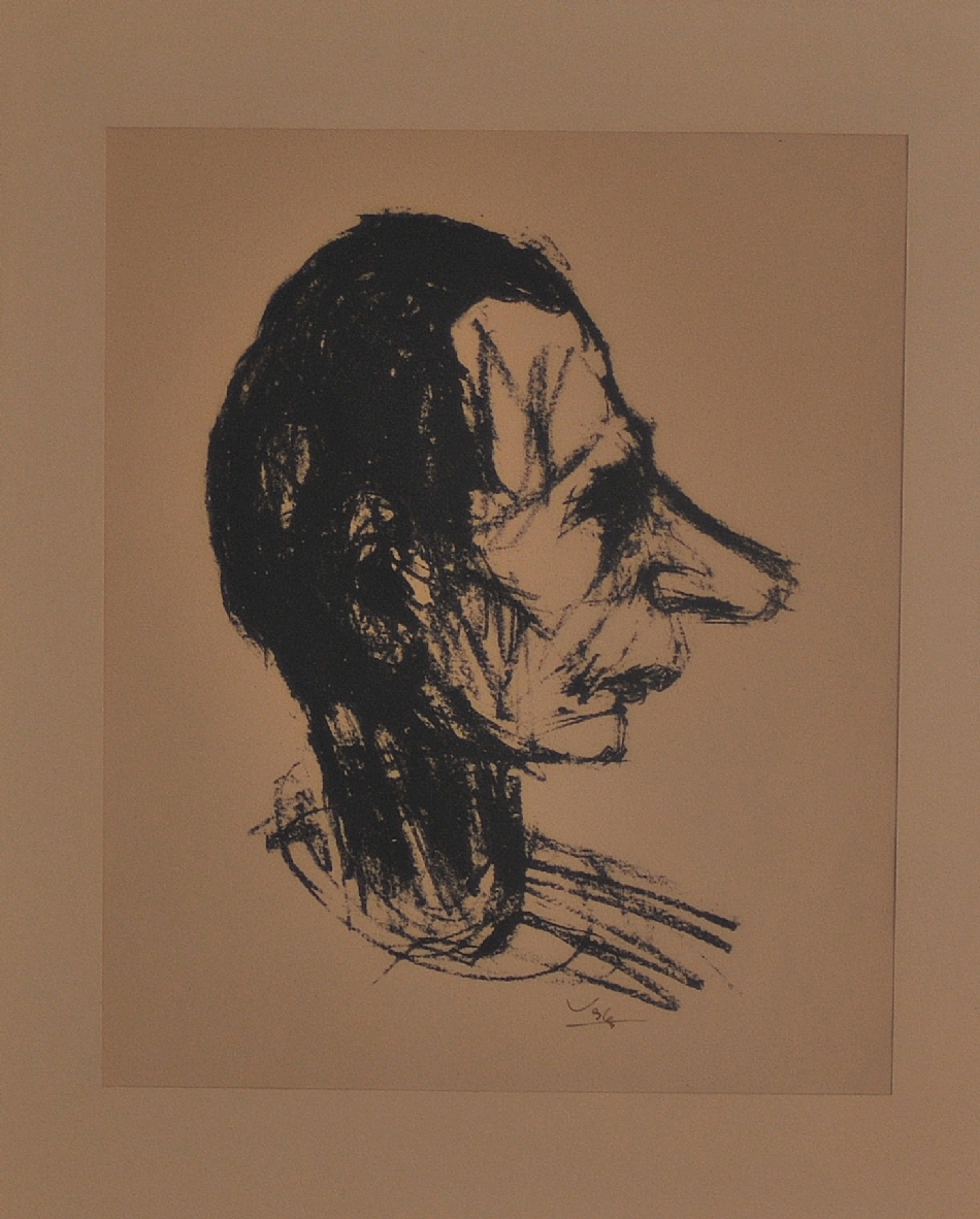 Självporträtt av Nils Ferlin i en bok med dedikation till Jan Fridegård. Finns i Jan Fridegårds bibliotek på Biskops-Arnö folkhögskola. Foto. Jan Wolf-Watz.